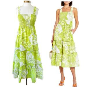O.P.T. Smocked Sleeveless Midi Dress Size Medium Chartreuse Green Palm Print